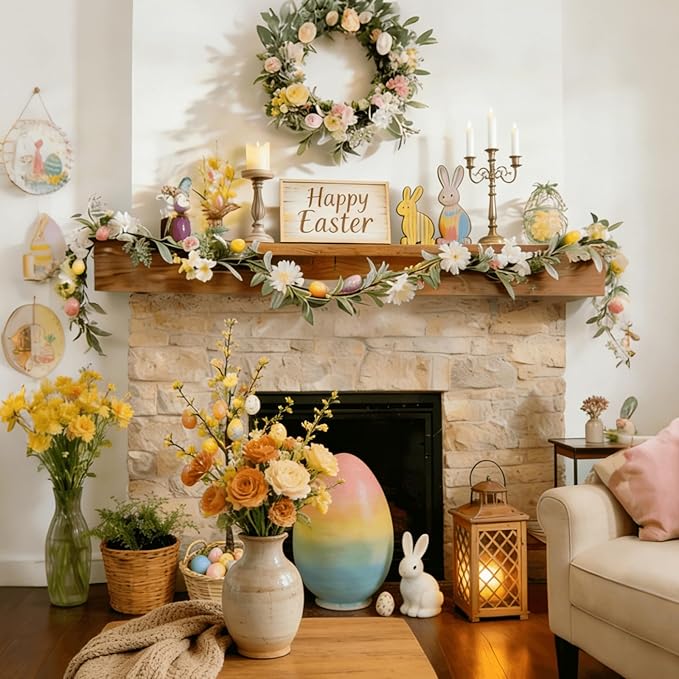 6ft Pre-Lit Easter Garland with 40 LED Lights, Artificial Waterproof Lambs Ear Spring Floral Greenery with Pastel Eggs & Daisy Flowers for Fireplace Mantels, Tables, Walls,Indoor & Outdoor Decor