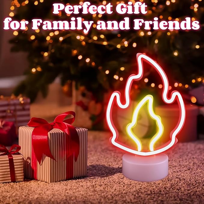 Fire Flame Neon Sign with Base, LED Fire Neon Lights for Room Decor, USB & Battery Powered Table Lamp Flame Led Light Sign for Home, Bedroom, Party, Birthday, Christmas Decor, Kids Gift