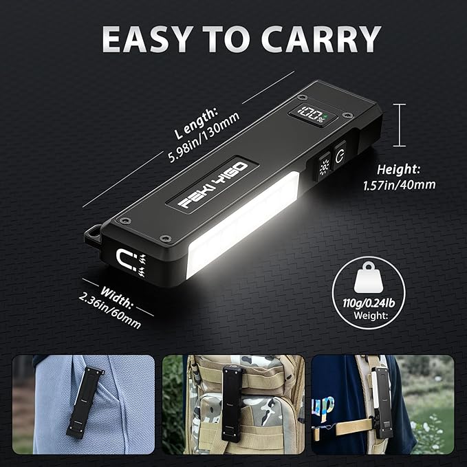 Feki Yigo Flat EDC Flashlight Rechargeable - 1800 Lumens LED Pocket Flashlight with 365nm UV Light, RGB Modes, Magnetic Base, Digital Display,IPX4 Waterproof for Camping, Emergency, Mechanics (Grey)