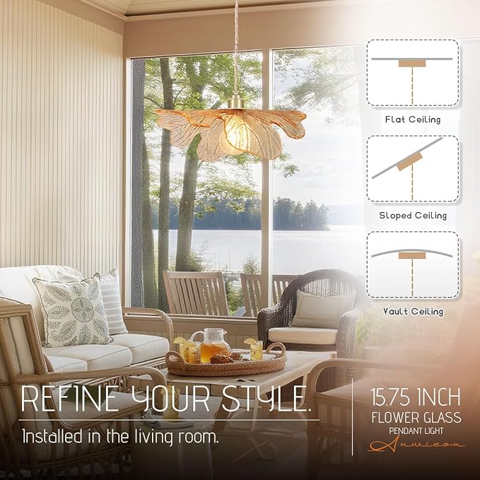 modern pendant lights kitchen island, 15.74Inch Large glass pendant light mid century Ceiling Hanging Lighting with Amber Hand Blown Glass Shade vintage pendant lighting for bedroom dining room