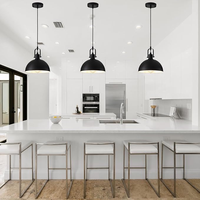 Pendant Lights, Modern Matte Black Metal Hanging Light Fixtures, Adjustable Height Industrial Pendant Lighting for Kitchen Island Dining Room Bedroom Bar Office 9.84”