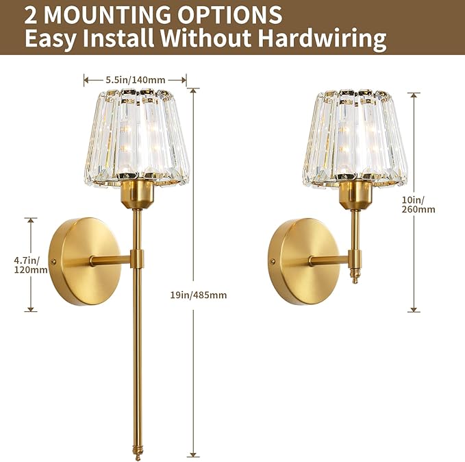 Battery Operated Crystal Wall Sconce Set of 2, Gold Rechargeable Wireless Wall Sconces with Remote Dimmable 12 Colors Modes Led Wall Lights, Wall Lamp for Bedroom Living Room Hallway, 2 Bulbs Included