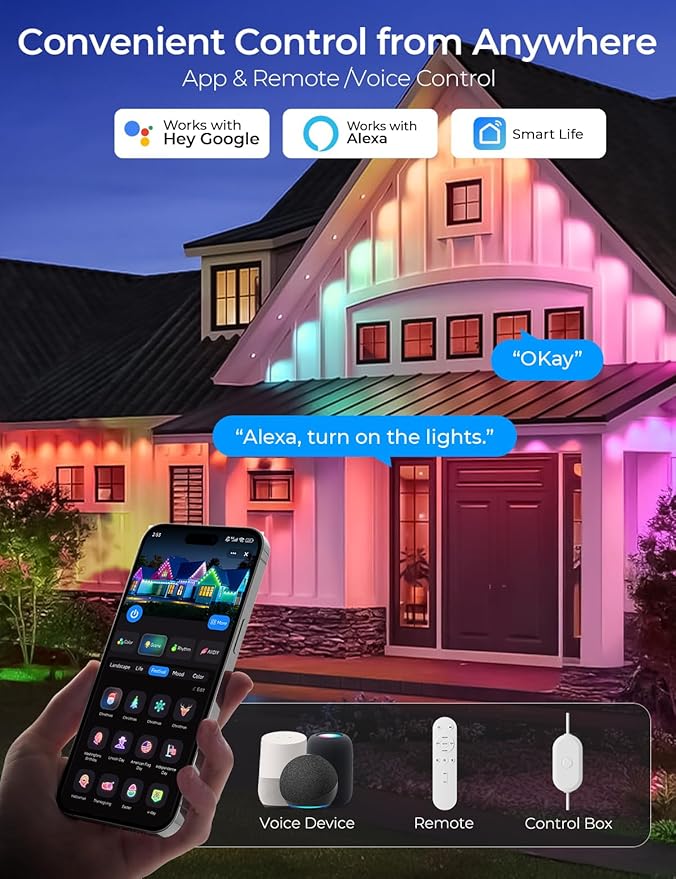Smart Permanent Outdoor Lights Pro, 150ft 90LED RGB+IC+Warm/Cool White for Daily, 100+ Scene Modes, Waterproof Eaves Light for Halloween Christmas Decor, Works with Alexa, Google Assistant