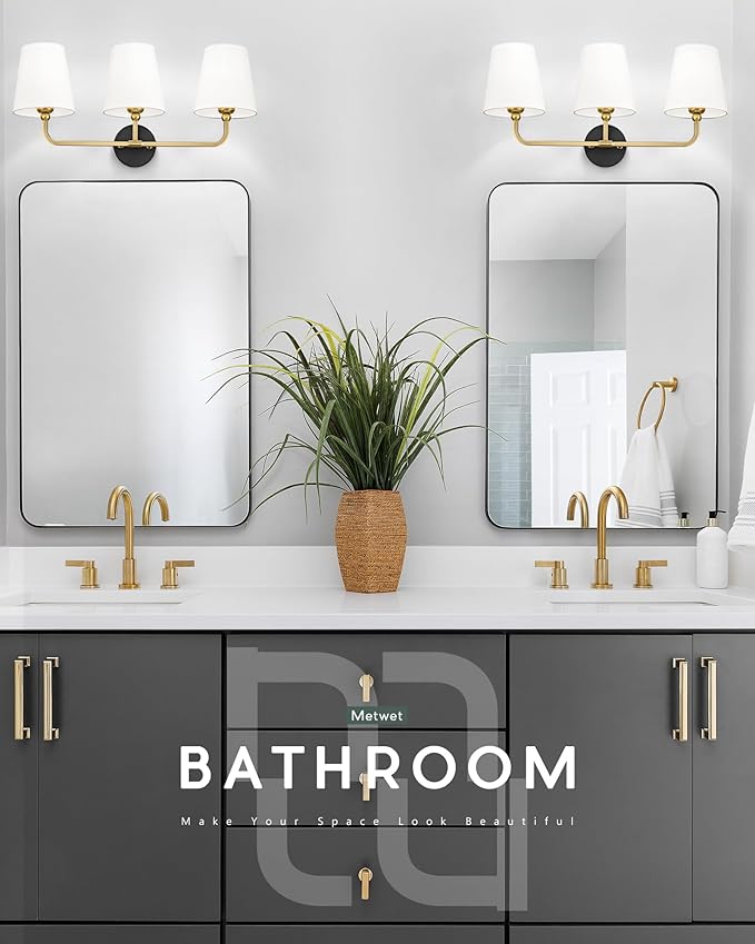 Bathroom Light Fixtures, Black and Gold Vanity Lights with Flared White Fabric Shade, 3-Light Wall Sconce, Modern Sconces Wall Lighting for Hallway Bedroom, VL837-KG-3