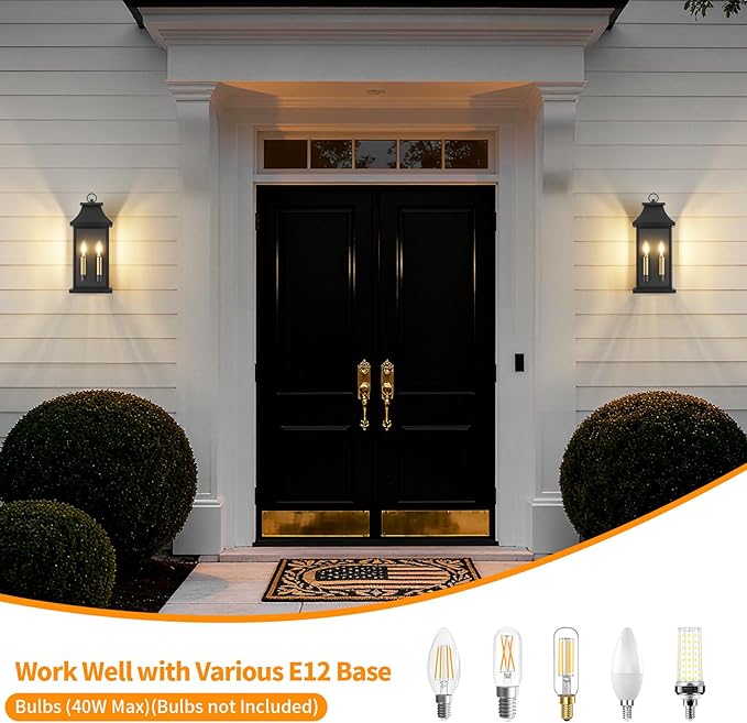 tewei 22'' Large Outdoor Wall Lights, Porch Light Outdoor Wall Sconce Lantern, 2-Light Black Exterior Lighting Fixture Wall Mount E12 Gold Base, Outside Light for House Backyard Garage, 2-Pack