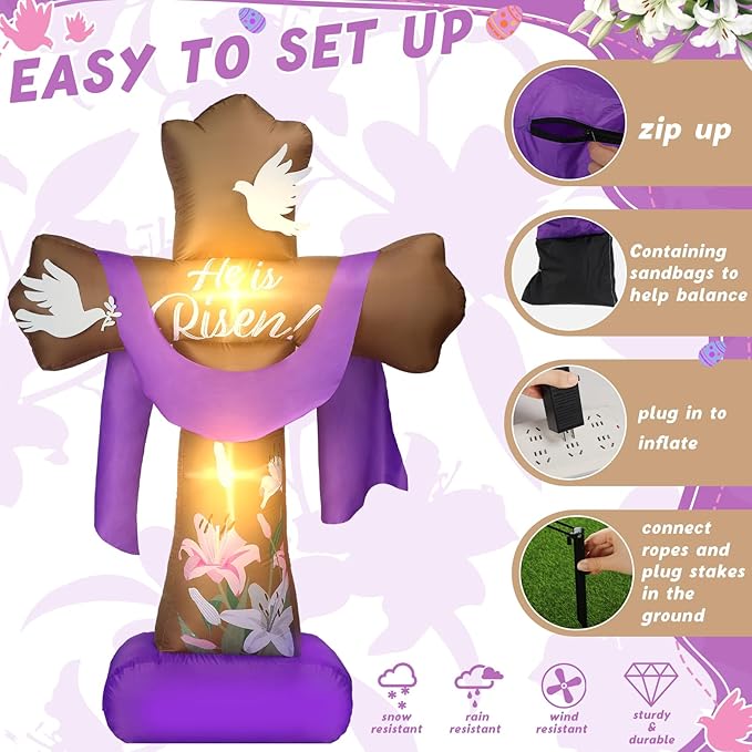 6 ft Easter Inflatable Outdoor Yard Decoration Blow up Inflatable He is Risen Cross Set with Build in LED Lights Decor for Easter Spring Party Lawn Supplies