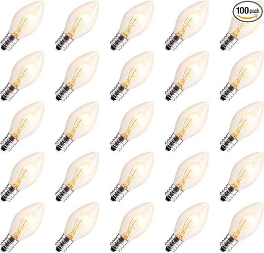 100 Pack C7 Christmas Replacement Light Bulbs, C7 Clear Incandescent Bulb for Christmas String Light, E12 Candelabra Base, 5 Watt, Clear