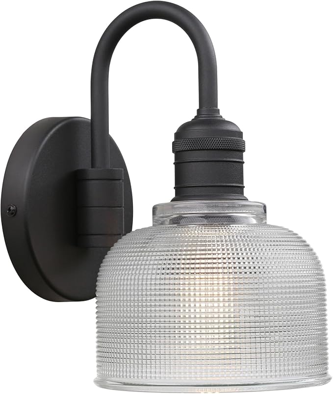 Yosoan Brass Boho Vintage Wall Sconce with Striped Shade, 1-Light Modern Vanity Light Industrial Single Wall Mounted Hardwired Bowl Texture Glass Shade for Living Room Bedroom Kitchen Hallway(Black)