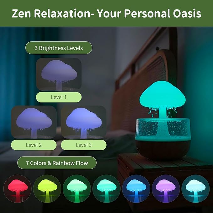 Weljoy Mushroom Cloud Rain Lamp, 7 Color Changing LED Tabletop Fountain with Water Drip Sounds, USB Rechargeable Desk Decor for Home, Office (Wood Grain Base)