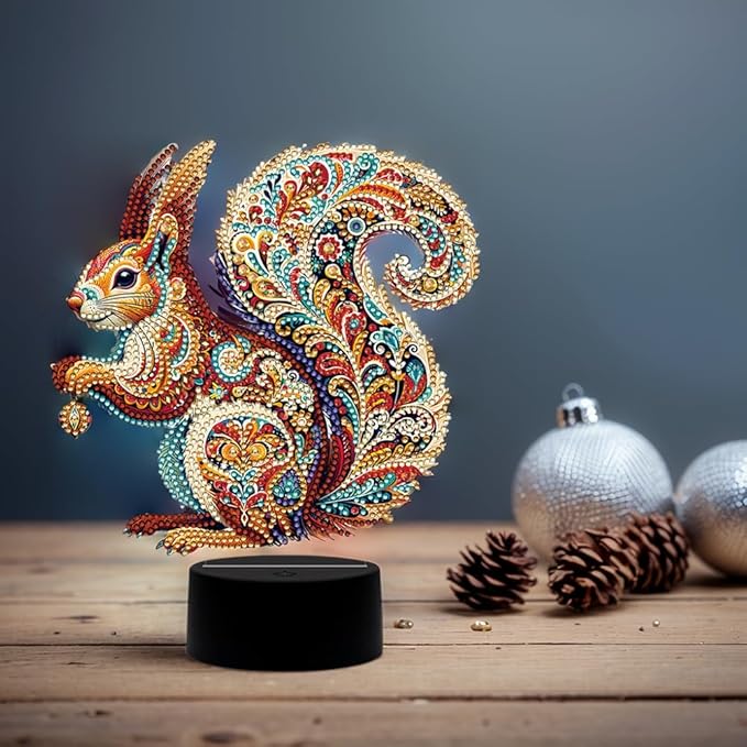 Gorgeous Squirrel Diamond Art Painting Night Light,Diamond Art Painting Kits Desktop Touch Lamp Ornaments for Tabletop Decor Diamond Art Accessories for Adult Beginner Bedrooms Living Room