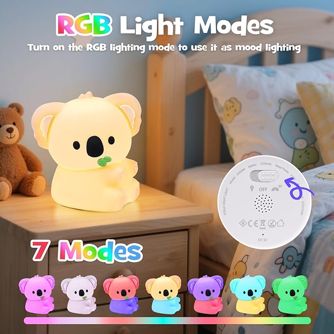 Squishy Koala Night Light with RGB Mode Cute Cuddly Koala Light 3 Brightness Adjustable Nursery Breastfeeding Nightlight Rechargeable Silicone Touch Bedside Animal Lamp for Bedroom Dorm Decor