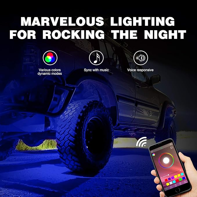 Nilight RGB LED Rock Lights Kit, 4 pods Underglow Multicolor Neon Light Pod with Bluetooth App Control Flashing Music Mode Wheel Well Light for Truck ATV UTV RZR SUV
