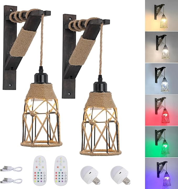 SEEBLEN Battery Operated Wall Sconce Set of Two, 12 RGB Colors Wireless Rechargeable Wall Light with Remote Control, Dimmable Farmhouse Wood Wall Lamp for Bedroom Living Room.