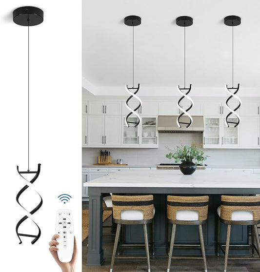 CANEOE Spiral Led Pendant Light Fixture,15W Dimmable Modern Integrated LED Pendant Lamp, Adjustable Height Kitchen Island Hanging Light Fixture for Living Room Bedroom Kitchen Sink, 1 Pack (Black)