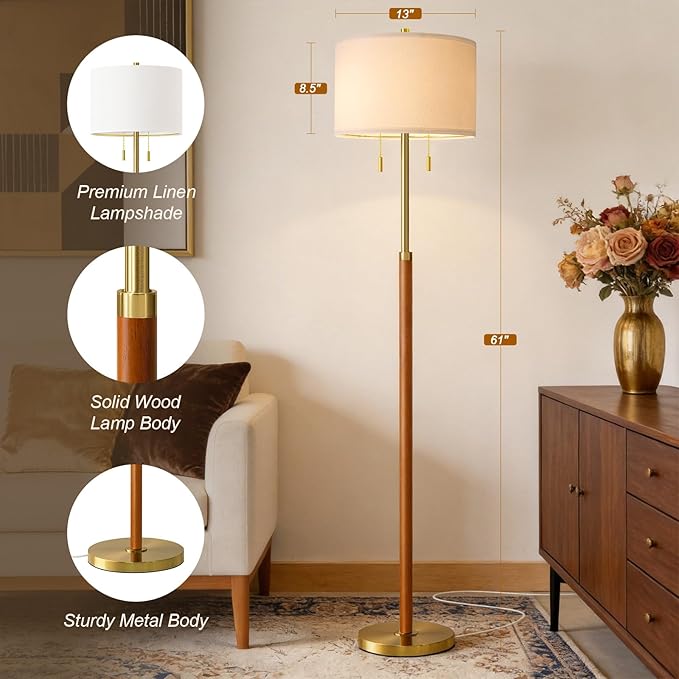 61" Wood Floor Lamp for Living Room 2-Light Standing Tall Lamps Mid Century Modern Floor Lamps for Bedroom Office Nursery Corner Industrial Reading Room Lamp, 3 Color Temperatures 9W Bulbs Included
