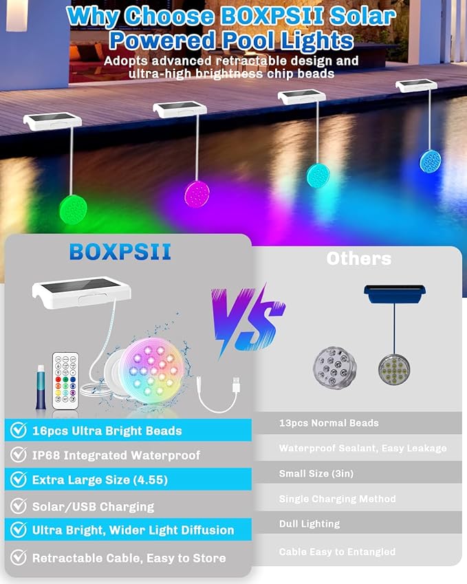 Solar Pool Lights for Inground Pools, Upgraded USB Rechargeable IP68 Waterproof Underwater Light, 4.55 Inch 22 Colors Changing Outdoor Solar Lights with Magnet for Above Ground Pools 4 Pack
