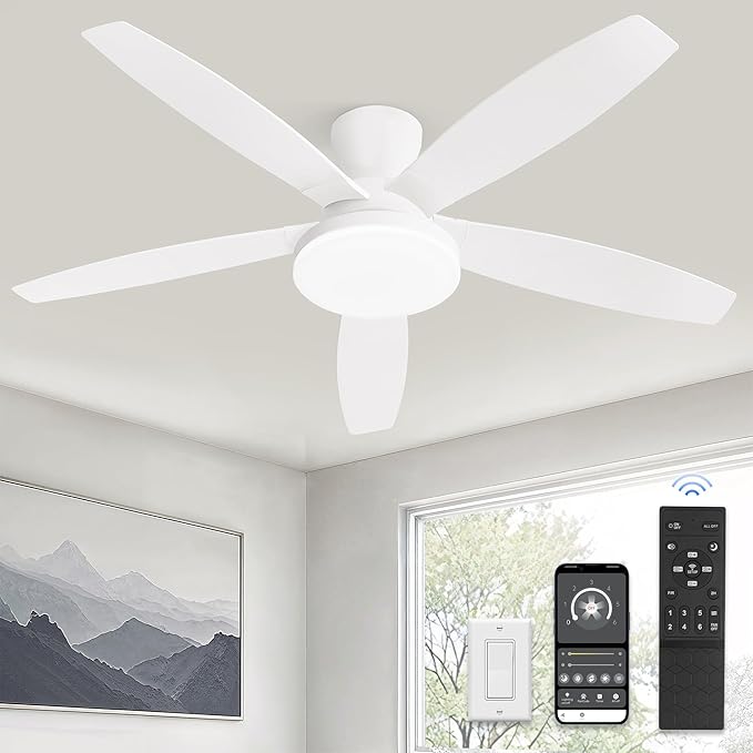 ZMISHIBO 48 inch Ceiling Fans with Lights and Remote/APP Control,White Low Profile Ceiling Fan with Light,Quiet DC Motor,LED Dimmable, Modern Flush Mount Ceiling Fan for Bedroom Indoor/Outdoor Patio