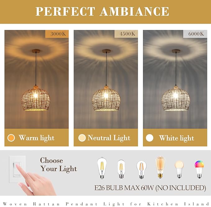 Rattan Pendant Lights Kitchen Island, 16" Wicker Hand-Woven Light Fixture Coastal Lighting Hanging Ceiling Boho Large Chandelier for Restaurants Living Dining Room Farmhouse