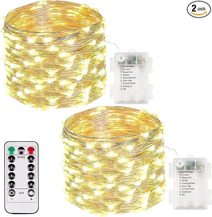 2 Pack 50 LED Fairy Lights Battery Operated with Remote, 16FT Waterproof Twinkle Lights with Timer & 8 Modes, Fairy String Lights Outdoor Indoor for Bedroom Classroom DIY Christmas Decor (Warm White)