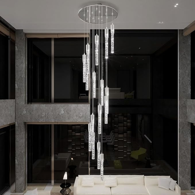 Flashing God 11feet Long Staircase Chandelier Modern Silver 16-Lights Transparent Crystal with Bubble Pendant Light High Ceiling Chandelier Dimmable 2700K-6000K Villa Entrance Foyer Lighting