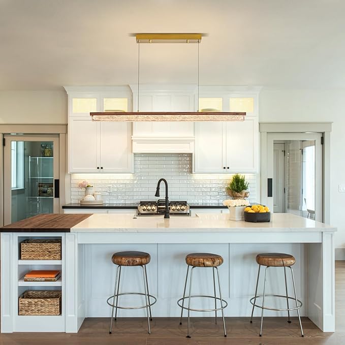 Wood Linear Chandelier,Dimmable Kitchen Island Lighting with Remote,Modern LED Pendant Light Fixture for Dining Room Over Table,Walnut Linear Chandeliers for bar,Living Room,Pool Table, 3000K-6000K.