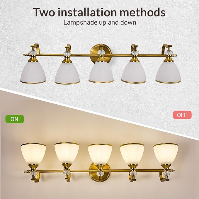 ANDY STAR Gold Bathroom Light Fixture, 5-Light Bathroom Wall Sconces, 35 inch Brass Vanity Light with Milky White Frosted Glass Shade, Large Vintage Wall Lights for Spacious Rooms