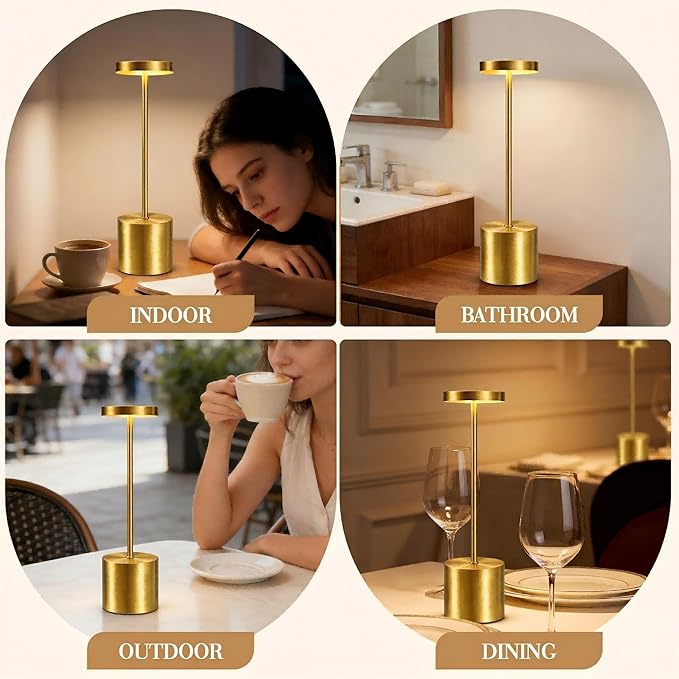 Cordless Table Lamp – 2 Pack Rechargeable Table Lamps, 5000mAh Battery Operated Lamp with 3-Color Dimmable Light, Outdoor Table Lamp for Bedroom, Restaurant, Patio, Home Décor (Gold)