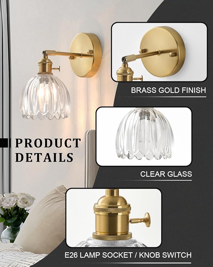 Plug in and Hardwired Wall Sconces, Luxury Vintage Tulip Crystal Glass Shade Wall Light with Switch for Bedside Bedroom Living Room (Tulip-Clear, 2)