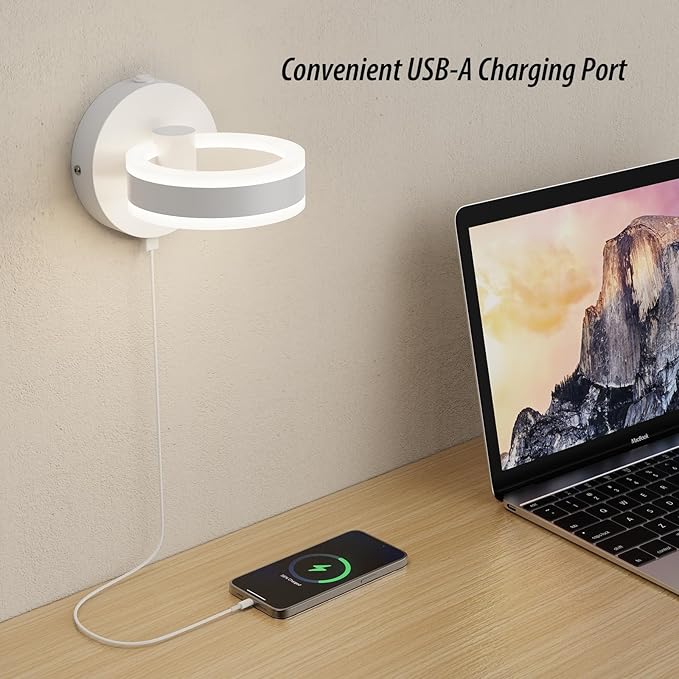 Wall Lamp LED Wall Sconce Rotatable Up-Down Sconces Wall Lighting with Built-in Switch and USB Charging Port 110 Volt AC Hardwired Wall Light (White,2 Pack)