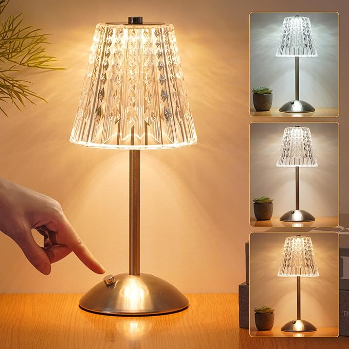 Cordless Touch Table Lamp, LED Rechargeable Small Dask Lamp, 3 Colors Dimmable Battery Operated Crysta Lamp for Bedroom Restaurant Kitchen Home Decor,Silver