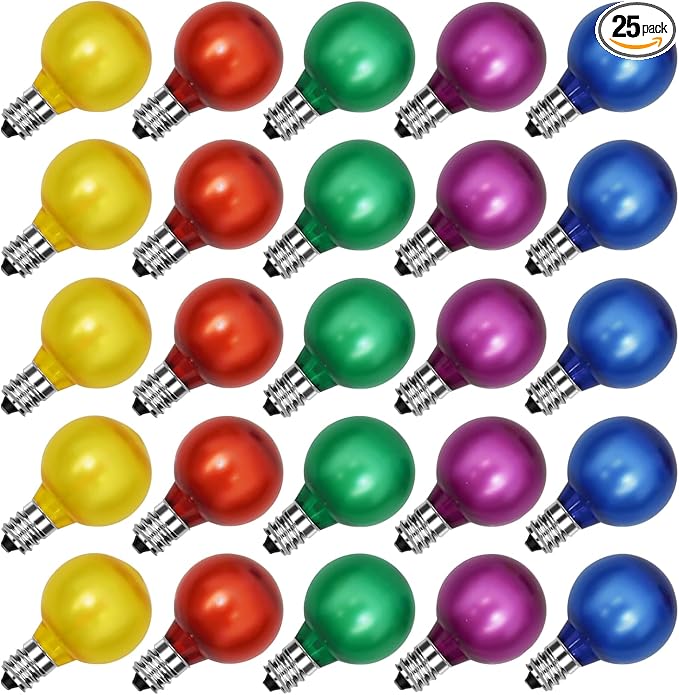 SUNSGNE 25 Pack G40 LED Christmas Replacement Globe Light Bulbs, Colored Christmas Round Lights with E12 Candelabra Base for Outdoor Indoor Decor- Frosted Multicolor- 0.6 Watt