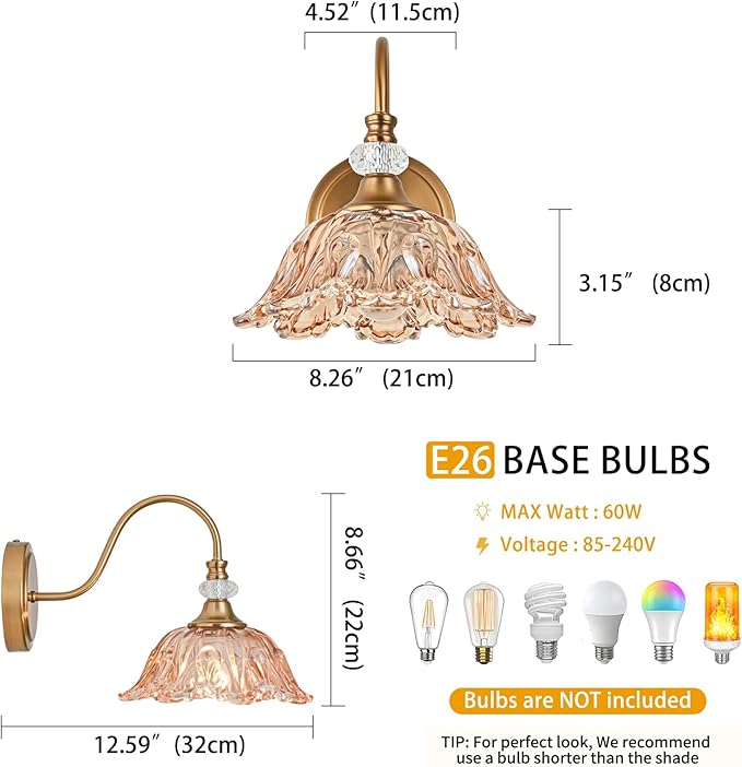 1 Piece Vintage Wall Sconce with Floral Amber Glass Shade, Matte Deep Brass Finish Wall Sconce for Bathroom,Vintage Amber Bathroom Vanity Light Fixture