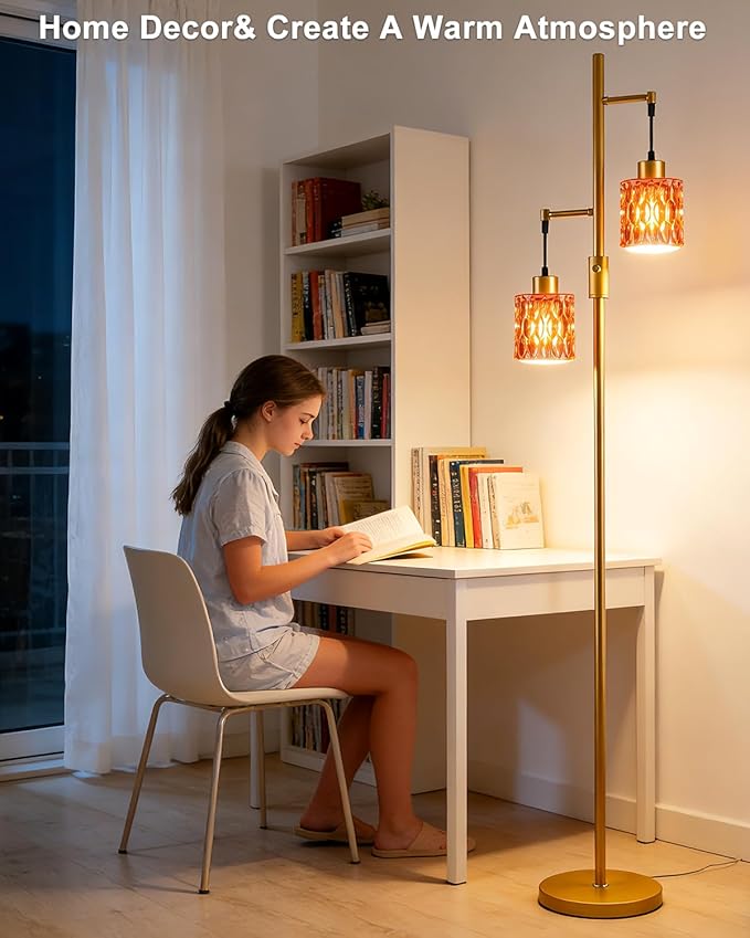 2-Light Gold Floor Lamp, 65IN Tall Standing Lamps Dimmable with Rose Red Glass Lampshade, 3000K Warmwhite Mid Century Modern Floor Lamp for Living Room/Bedroom