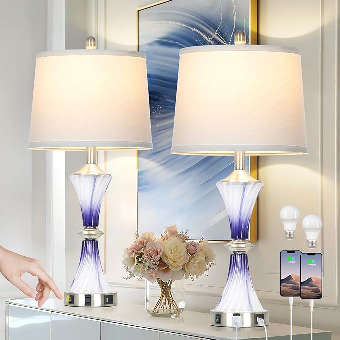 Purple Glass Table Lamp Set of 2 with USB C+A Ports & AC Outlet, Bedside Lamp, Modern Bedroom Lamps, Crystal Lamp for Night Stands Bedroom Living Room,Nightstand Lamp LED Bulbs Included