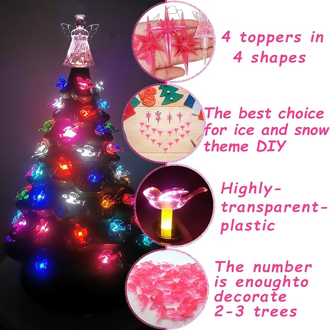 117Pcs Ceramic Christmas Tree Pink Love Bird Replacement Lights Bulbs and 1 Angel/3Stars Topper Ornament for Ceramic Tree Décor - Medium Plastic Pegs.