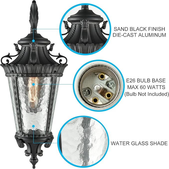 SAMTEEN Black Outdoor Wall Lights Exterior Wall Sconce 21.6" H Water Glass Outdoor Wall Lantern Waterproof Outside Porch Light Fixtures for House Garage Doorway