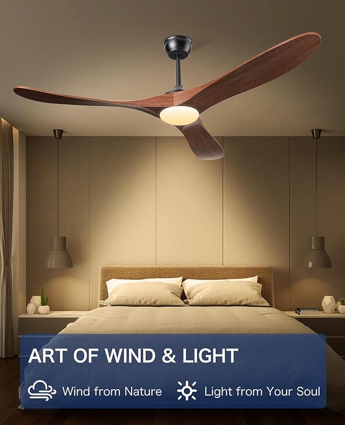 Ceiling Fans with Lights and Remote, 3 Solid Wood Blades, Outdoor Wooden Ceiling Fan with 2 Downrods for Patios, 60 Inch Modern Ceiling Fan with Noiseless Reversible DC Motor (Dark Walnut)