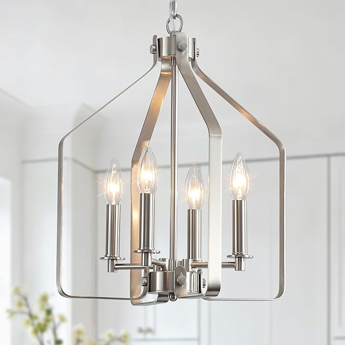 4-Light Brushed Nickel Chandelier, Geometric Farmhouse Cage Pendant Light, Adjustable Industrial Rustic Fixture for Dining Room, Kitchen Island, Entryway & Bedroom