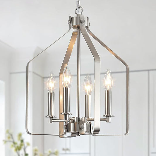 4-Light Brushed Nickel Chandelier, Geometric Farmhouse Cage Pendant Light, Adjustable Industrial Rustic Fixture for Dining Room, Kitchen Island, Entryway & Bedroom