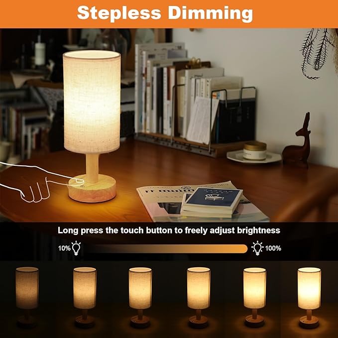 Small Cordless Touch Table Lamps Set of 2 with Stepless Dimming, Natural Wood Base & Linen Fabric Shade,Wireless Battery-Powered Ambient Night Lights for Bedroom, Bedside, Nightstand,Room, Nursery