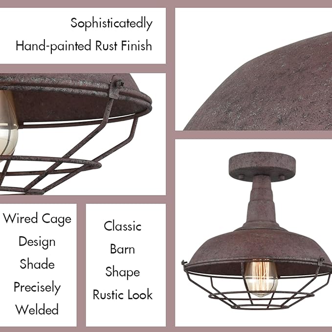 DAYCENT Rustic Semi Flush Mount Ceiling Light Barn Style Light Fixture Farmhouse Metal Cage Ceiling Light 1-Light Industrial Wire Caged Flush Mount Barn Light Rust Finish for Hallway Foyer Kitchen