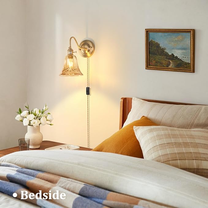 Plug in Wall Sconce Set of 2, Gold Vintage Wall Decor Lights with Amber Morning Glory Glass Shade, Indoor Brass Corded Wall Lamp Fixture for Bedroom Living Room Bathroom Hallway