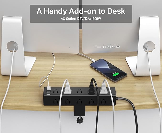 CCCEI Standing Desk Clamp Power Strip with 15 Outlets, Black Desktop Edge Mount Surge Protector Outlet, Fast Charging USB-A and 45W USB-C Ports, 6 FT Flat Plug, Black Fit 1.6 inch Table top.