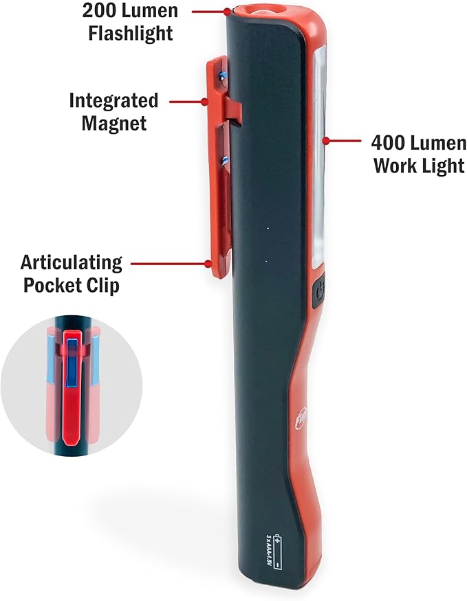 Flipo Magnetic Cliplight Dual Led - 2 lights in 1 400 Lumen flood light, 200 Lumens Spotlight - LED Pocket Flashlight with Magnetic Swivel Clip - Compact pen light, LED Worklight, Magnetic Pocket Clip