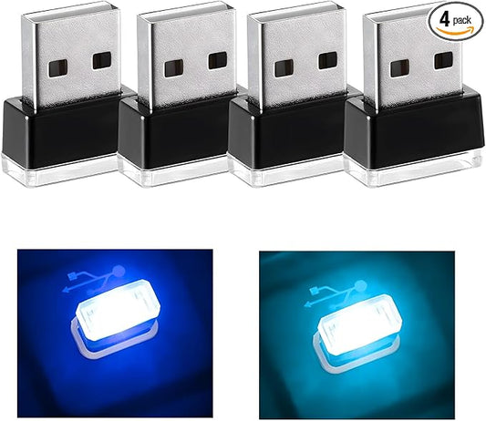 4 PCS USB LED Car Interior Atmosphere Lamp, Mini Night Light Plug-In Trunk Ambient Lighting Kit, Portable USB Interface LED Lamp Interior Decoration for Vehicle Home Office (Blue+Ice Blue)