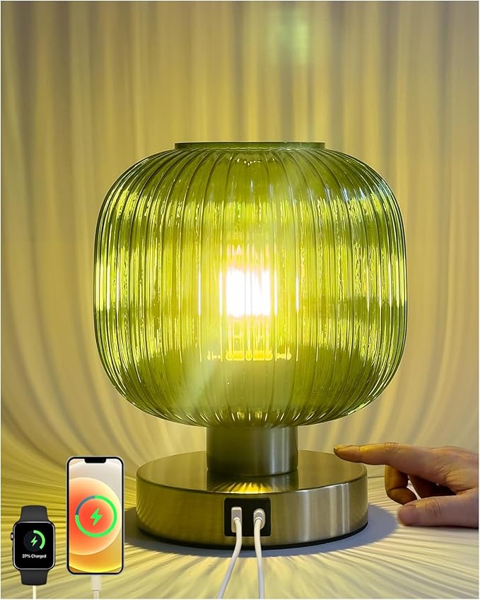 Big Touch Table Lamp,Elegant Green Glass Bedside Lamp 3 Way Dimmable with USB C+A Charging Ports - Bedroom Nightstand & Living Room Essential, 4W Bulb Included (Green)