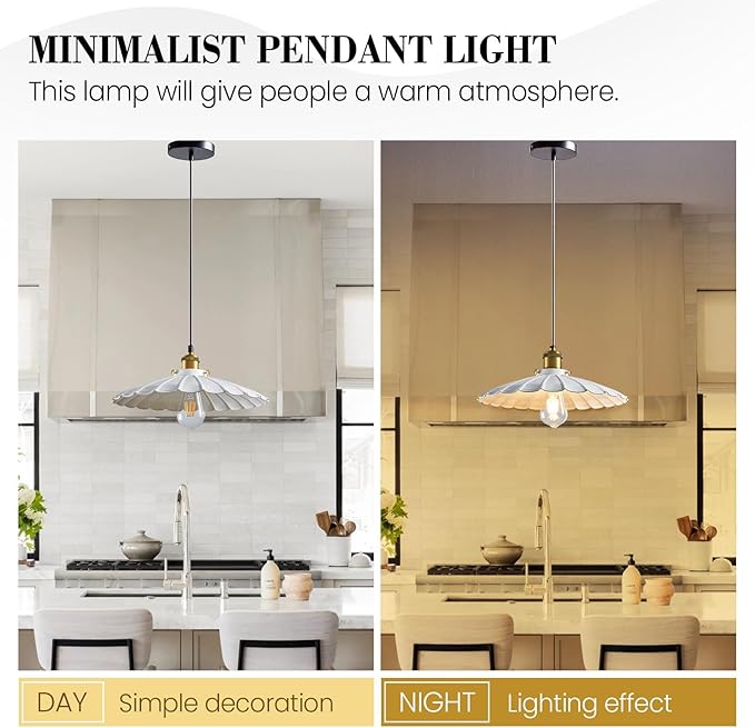 Pendant Lights, 13.8 Inch Glossy White Lampshade Hanging Kitchen Lights 7Ft Height Adjustable Island Pendant Lights for Kitchen Industrial Style Hanging Light for Bedroom 2Pack