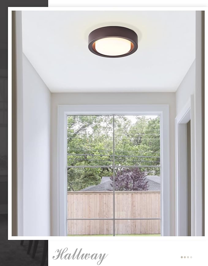 13 Inch Flush Mount Ceiling Light,Oil Rubbed Bronze Finish Plate with Frosted Glass Shade,Round Ceiling Lighting Fixture for Hallway Bedroom Closet Livingroom Kitchen Stairwell (Oil Rubbed Bronze)