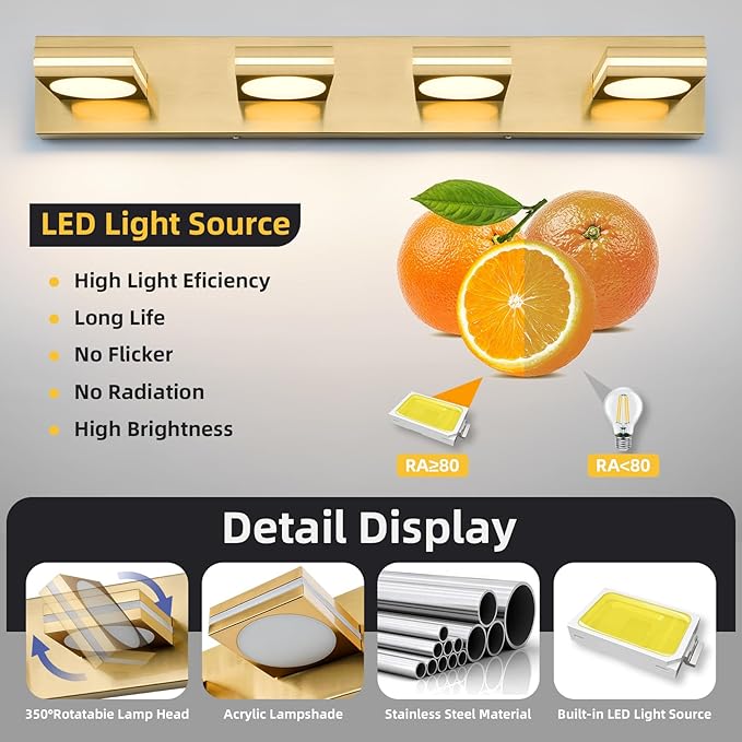 OKELI 4-Light LED Bathroom Vanity Light Fixtures, Gold Modern Bathroom Wall Lighting Fixtures Over Mirror (3CCT, 3000K-6000K)