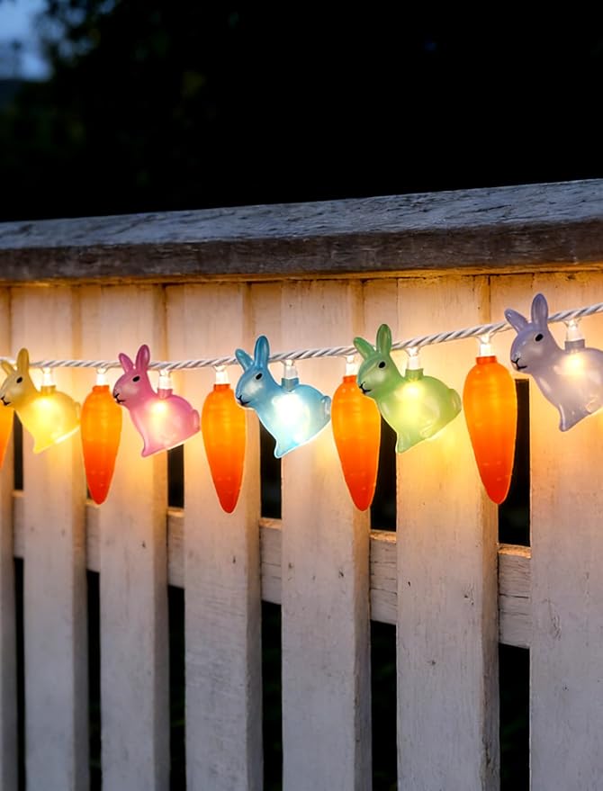 12Ft Easter String Lights Plug in - 20 LED 3D Pastel Bunny & Carrot Fairy Lights, Connectable & Waterproof Spring Decor for Indoor Outdoor Home, Mantel, Bedroom, Party, Garden (White Wire)
